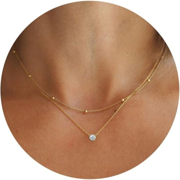 Women's Gold Necklace-14k Gold Plated Solitaire Cubic Zirconia Necklace - Picture 1 of 7